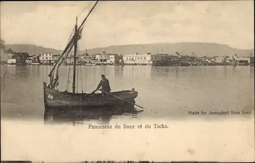 Ak Suez Ägypten, Fischer auf dem Wasser mit Blick zur Stadt