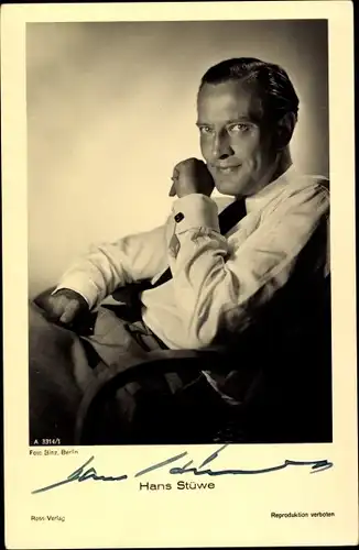 Ak Schauspieler Hans Stüwe, Portrait, Ross Verlag A 3314/1, Autogramm