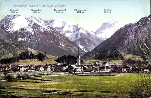 Ak Oberstdorf im Oberallgäu, Kirche, Ortsansicht, Kratzer, Krottenkopf, Öfnerspitze, Kreuzeck