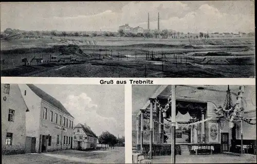 Ak Trebnitz Merseburg an der Saale, Panorama, Fabrik, Gasthof, Saal