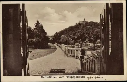 Ak Wernigerode am Harz, Kurheim Küsters Kamp, Schlossblick vom Hauptgebäude