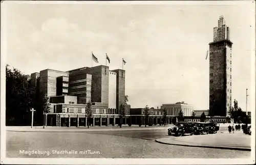 Ak Magdeburg an der Elbe, Stadthalle, Albinmüller Turm, Automobile