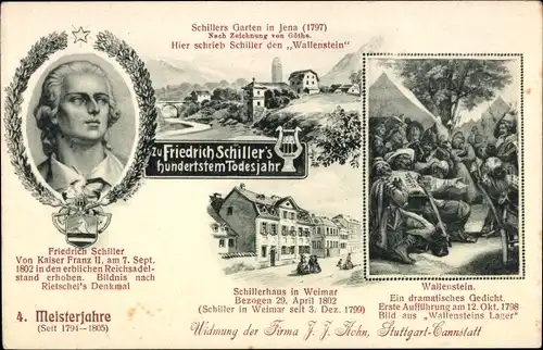 Künstler Ak Dichter Friedrich Schiller, Haus in Weimar, Garten in Jena, Wallenstein, Portrait
