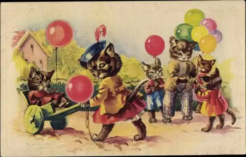 Ak Vermenschlichte Katzen, Ballons, Familie, Ballons