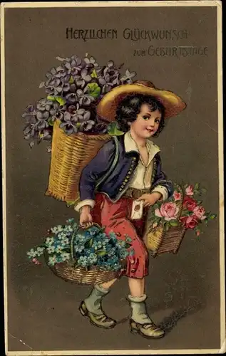 Ak Glückwunsch Geburtstag, Kind, Blumenkorb, Veilchen, Rosen, Vergissmeinnicht
