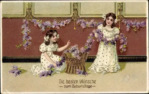 Ak Glückwunsch Geburtstag, Kinder, Blumen, Korb