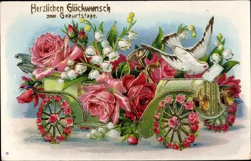 Ak Glückwunsch Geburtstag, Auto, Maiglöckchen, Rosen, Taube