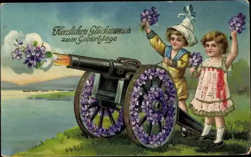 Ak Glückwunsch Geburtstag, Kinder, Kanone, Veilchen