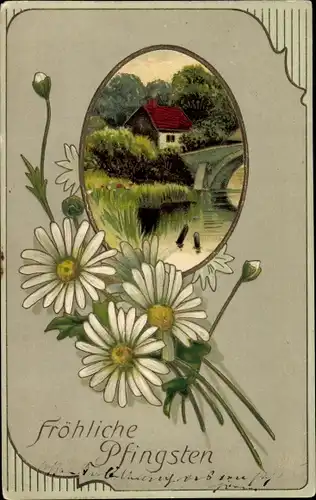 Präge Ak Glückwunsch Pfingsten, Margeriten, Brücke