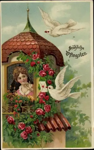 Ak Glückwunsch Pfingsten, Taubenpost, Rosen