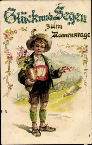 Ak Glückwunsch Namenstag, Gratulant, Geschenke, Blumen, Junge in Tracht