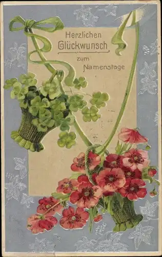 Präge Ak Glückwunsch Namenstag, Glücksklee, Korb, Blumen