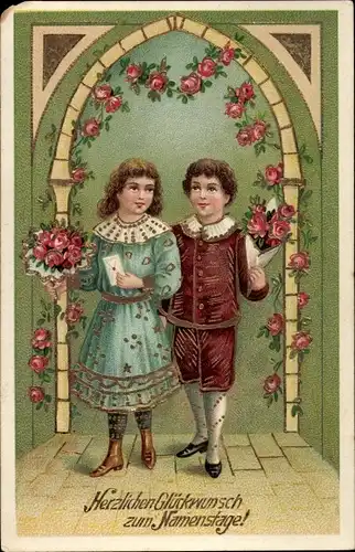 Präge Ak Glückwunsch Namenstag, Kinder, Gratulanten, Rosen