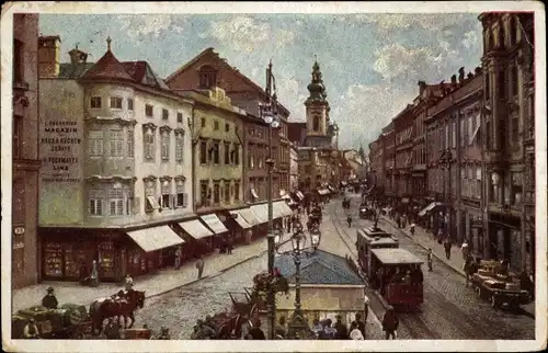 Künstler Ak Linz in Oberösterreich, Straßenbahn, Landstraße, Kutsche