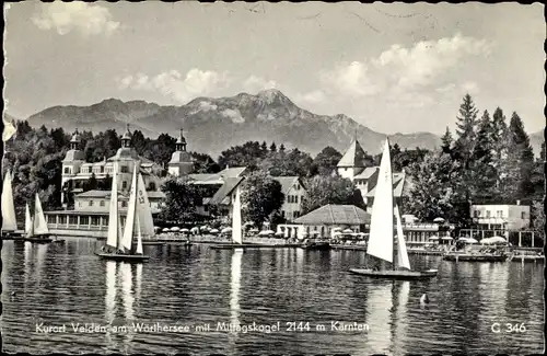 Ak Velden am Wörthersee in Kärnten, Segelpartie, Ort mit Mittagskogel