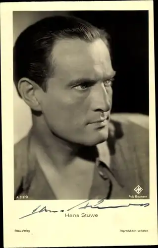 Ak Schauspieler Hans Stüwe, Portrait, Ufa Film, Ross Verlag A 3127 1, Autogramm