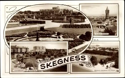 Ak Skegness East Midlands England, Tennisplätze, Pier, Wasserstraße und Gärten, Uhrturm