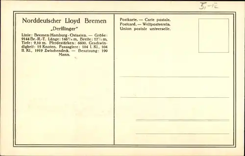 Ak Norddeutscher Lloyd Bremen, Reichspostdampfer Derfflinger, Dampfschiff