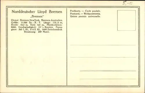 Ak Doppelschrauben-Salondampfer Bremen, Norddeutscher Lloyd Bremen