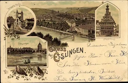 Litho Esslingen am Neckar Baden Württemberg, Totalansicht, Altes Rathaus, Dionysius Kirche