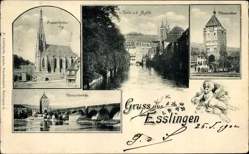 Ak Esslingen am Neckar Baden Württemberg, Frauenkirche, Pliensautor, Pliesaubrücke