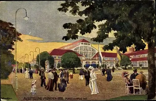 Künstler Ak Bruckner, A., München Bayern, Platz von Halle, Besucher, Ausstellung 1908