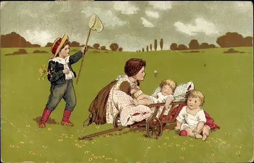 Ak Familie auf der Wiese, Kinder-Portrait, Insektenfänger