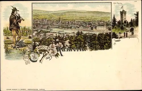 Litho Hameln an der Weser, Rattenfänger, Stadtpanorama, Klütturm