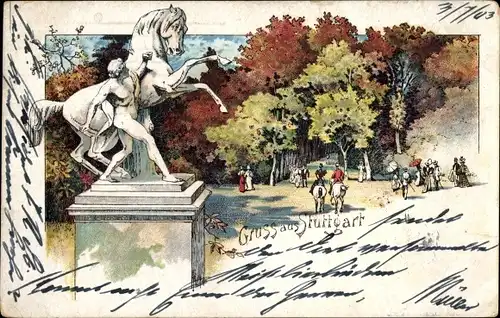 Litho Stuttgart in Baden Württemberg, Partie am Park mit Denkmal