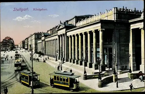 Ak Stuttgart in Baden Württemberg, Eckansicht Königsbau, Eingangsportal, Straßenbahnen