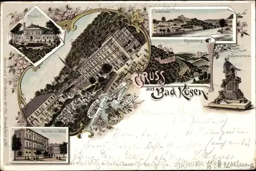 Litho Bad Kösen Naumburg an der Saale, Gradierwerk, Rudelsburg, Ritterbad, Bismarck Denkmal