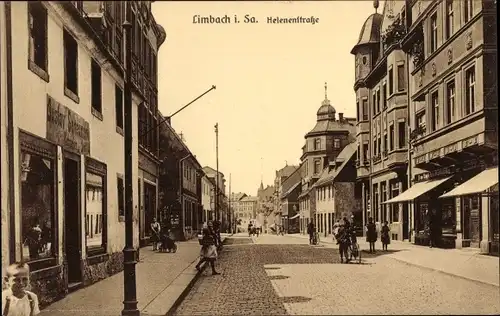 Ak Limbach Oberfrohna Sachsen, Helenenstraße, Geschäft Gustav Scheunert, Passanten