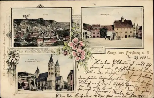 Ak Freyburg an der Unstrut, Gesamtansicht, Kirche, Kriegerdenkmal, Marktplatz