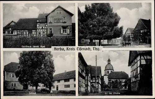 Ak Herda Berka an der Werra Thüringen, Gasthaus Jacob Apel, Dorflinde, Schloss, Kirche