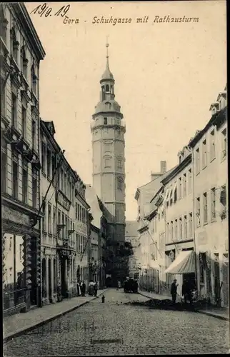 Ak Gera in Thüringen, Schuhgasse, Rathausturm, Geschäfte