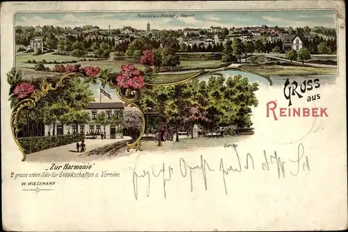 Litho Reinbek in Schleswig Holstein, Gasthaus Zur Harmonie, Blick auf den Ort
