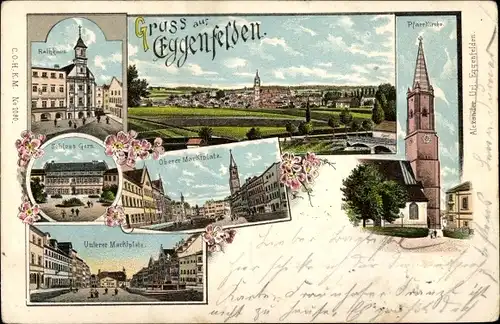 Litho Eggenfelden im Tal der Rott Niederbayern, Rathaus, Schloss Gern, Marktplatz, Pfarrkirche