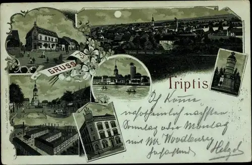 Mondschein Litho Triptis in Thüringen, Post, Rathaus, Porzellanfabrik, Marktplatz