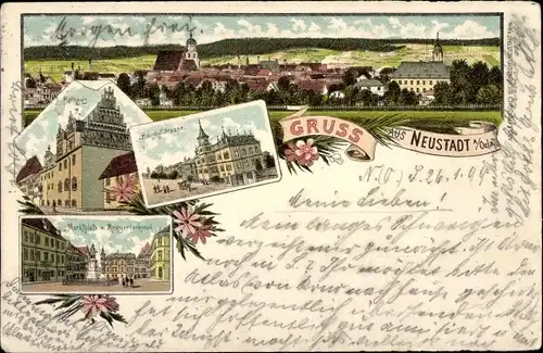 Litho Neustadt an der Orla, Totale vom Ort, Rathaus, Bahnhofstraße, Marktplatz, Kriegerdenkmal