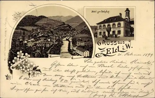 Litho Zell im Wiesental, Gesamtansicht, Hotel zum Bahnhof