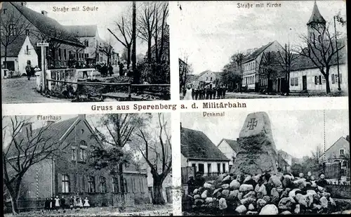 Ak Sperenberg am Mellensee Brandenburg, Militärbahn, Straßenpartie, Denkmal, Schule, Kirche