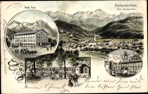 Künstler Litho Felle, Eugen, Garmisch Partenkirchen in Oberbayern, Hotel Post, Gesamtansicht