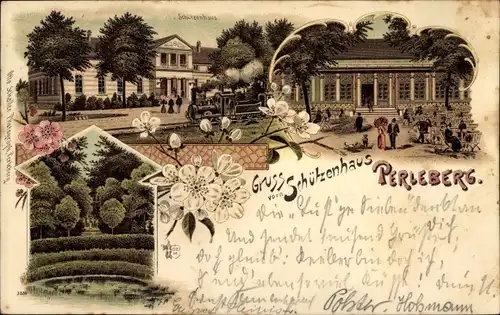 Litho Perleberg in der Prignitz, Schützenhaus, Dampflok, Gartenpartie