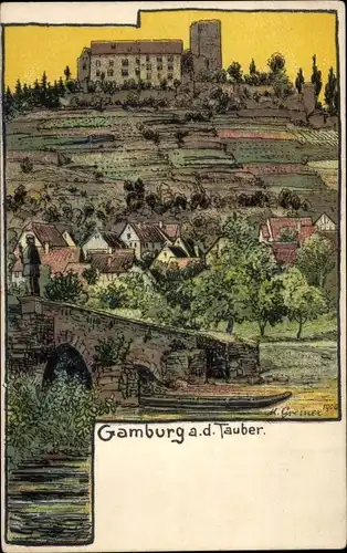 Künstler Ak Greinez, Gamburg Werbach an der Tauber, Teilansicht, Burg, Brücke