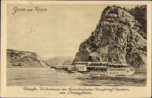 Ak Sankt Goarshausen am Rhein, Loreleyfelsen, Dampfer Wilhelmina, Niederländer Dampfschifffahrt