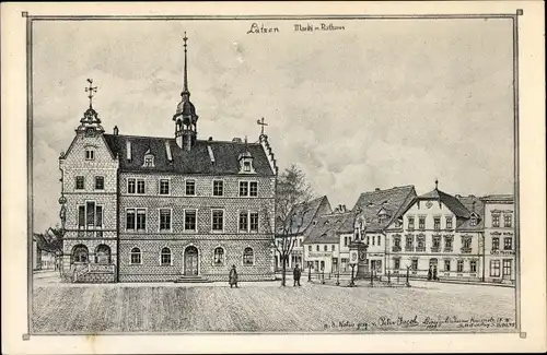 Künstler Ak Jacob, Peter, Lützen im Burgenlandkreis, Markt mit Rathaus, Denkmal, Fleischerei