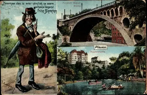 Ak Plauen im Vogtland, Poppenmühle, Friedrich-August-Brücke, Fritze Bliemchen