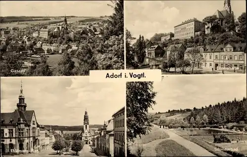 Ak Adorf im Vogtland, Schwimmbad, Thälmann-Platz, Elsterstraße, Ortsansicht