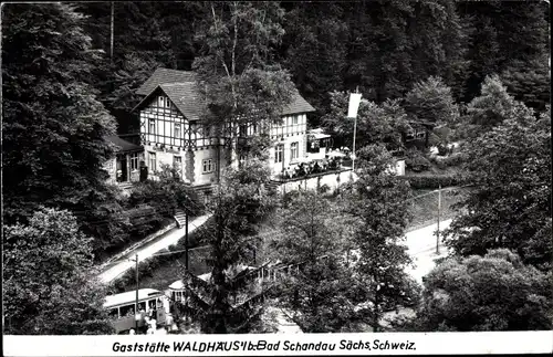 Ak Bad Schandau Sächsische Schweiz, Gaststätte Waldhäusl, Terrasse, Tram