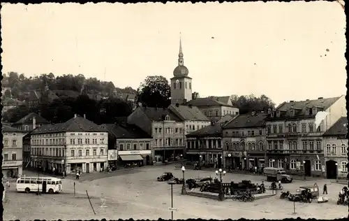 Ak Sebnitz Sächsische Schweiz, Teilansicht, Kirchturm, Bus